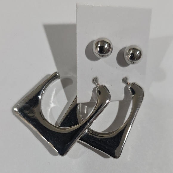 Silver Geometric Hoop & Stud Earrings Set – Modern Minimalist Fashion Jewelry - Picture 5 of 11